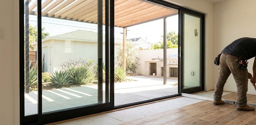 View of a modern indoor-outdoor transition remodel in an LA home, focusing on a contractor installing new black-framed sliding glass doors.